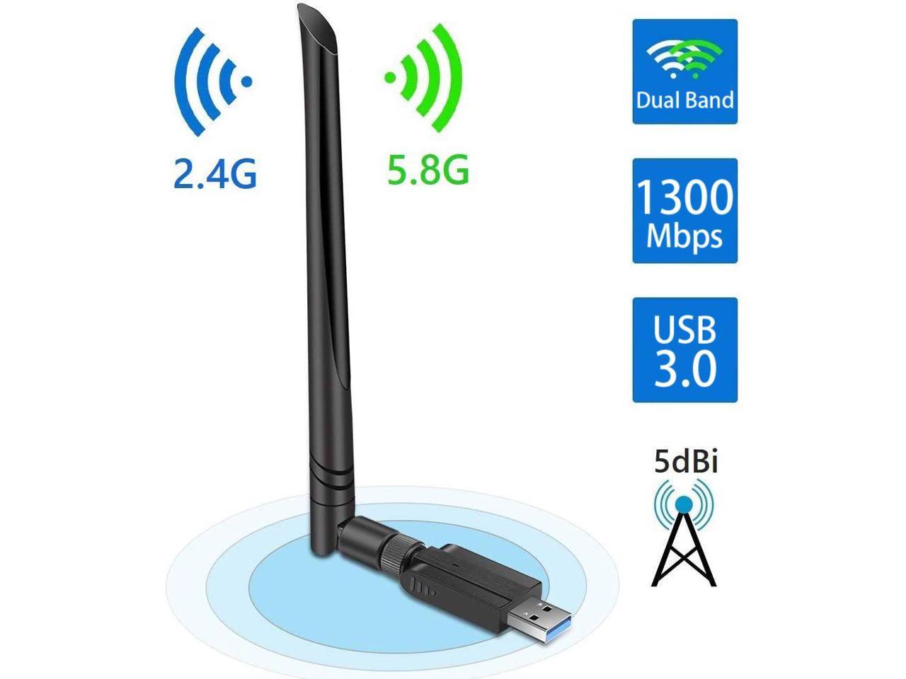 USB WiFi Adapter 1300Mbps, USB 3.0 Wireless Network Adapter, 802.11ac WiFi Dongle with Dual Band 2.4GHz 5.8GHz, 5dBi Antenna, Supports Windows 10 8 7 Vista XP, Mac10.6-10.13, Linux